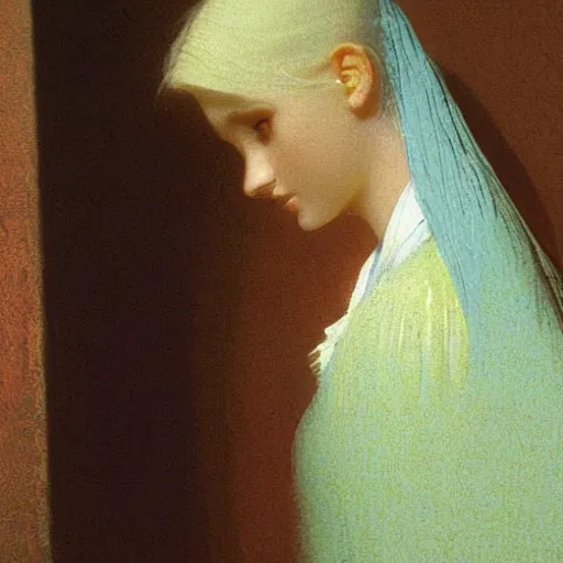 Prompt: a young woman's face, her hair is white and she wears a cobalt blue satin cloak, by ivan aivazovsky and syd mead and moebius and gaston bussiere and roger dean and pieter claesz and paul delaroche and alma tadema and aelbert cuyp and vermeer, hyperrealistic, volumetric light, octane render