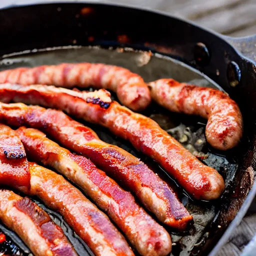 Prompt: a close-up of delicious sizzling bacon and sausage on the tongue of a german shepherd