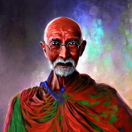 Prompt: A cyborg Ghandi as the ultimate tyrant emperor of the universe. Trending on ArtStation. A vibrant digital oil painting. A highly detailed fantasy character illustration by Wayne Reynolds and Charles Monet and Gustave Dore and Carl Critchlow and Bram Sels