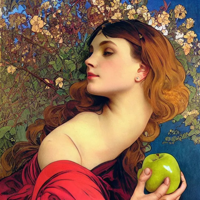 Image similar to an aesthetic! a detailed close portrai of an aesthetic woman, face covered in a transparent vale, holding an apple by frank frazetta and alphonse mucha, oil on canvas, bright colors, art nouveau, epic composition, dungeons and dragons fantacy art, hd, god - rays, ray - tracing, crisp contour - lines, huhd - 8 k