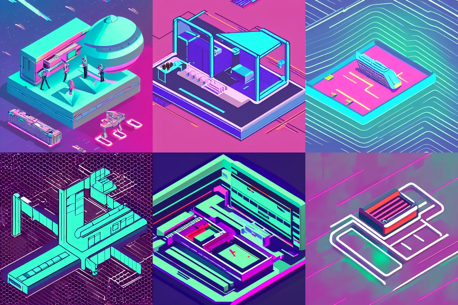 Prompt: starship, synthwave and future funk style, isometric illustration, technical drawing, vector art