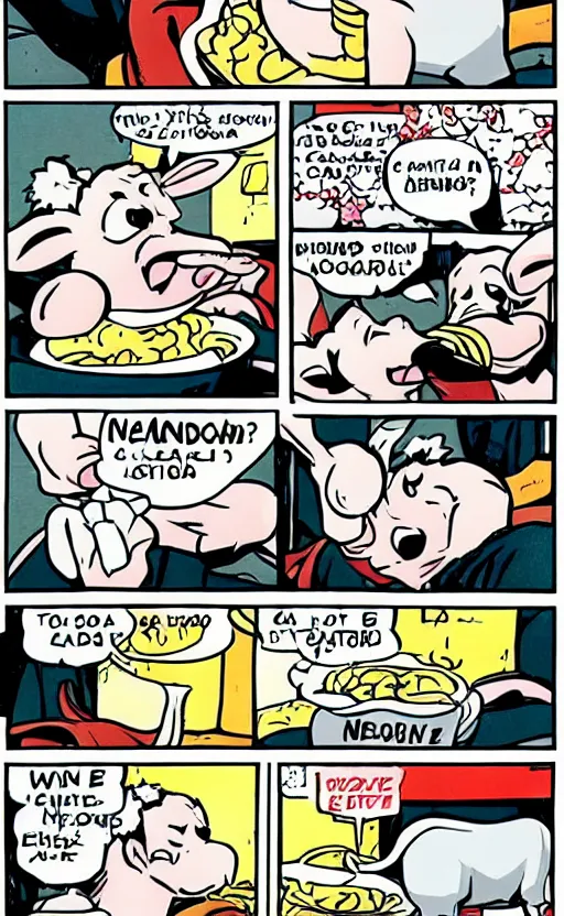 Image similar to A white elephant eats instant noodles, comic style.