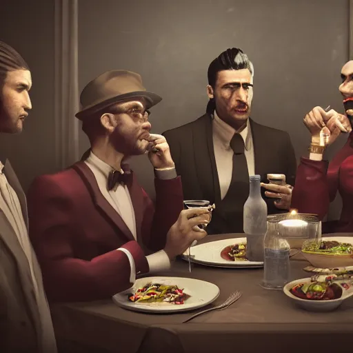 Image similar to a mafia family having dinner around a table, 3 d render octane, trending on artstation