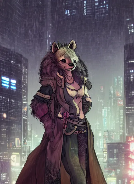 Image similar to character portrait of a female anthro hyena fursona with a cute beautiful attractive furry face and long black curly hair wearing jedi robes in a cyberpunk city at night while it rains. hidari, color page, tankoban, 4K, tone mapping, Akihiko Yoshida.