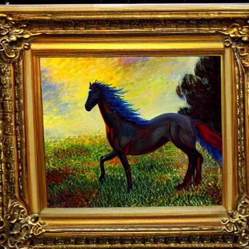 Image similar to oil painting horses mixed with dragon at night backlit in style o monet