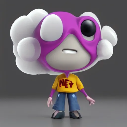 Image similar to single crazy melting plastic toy Pop Figure characterdesign product, C4d, by pixar, by dreamworks, screaming with drooling mouth open, in a Studio hollow, surrounded by flying particles