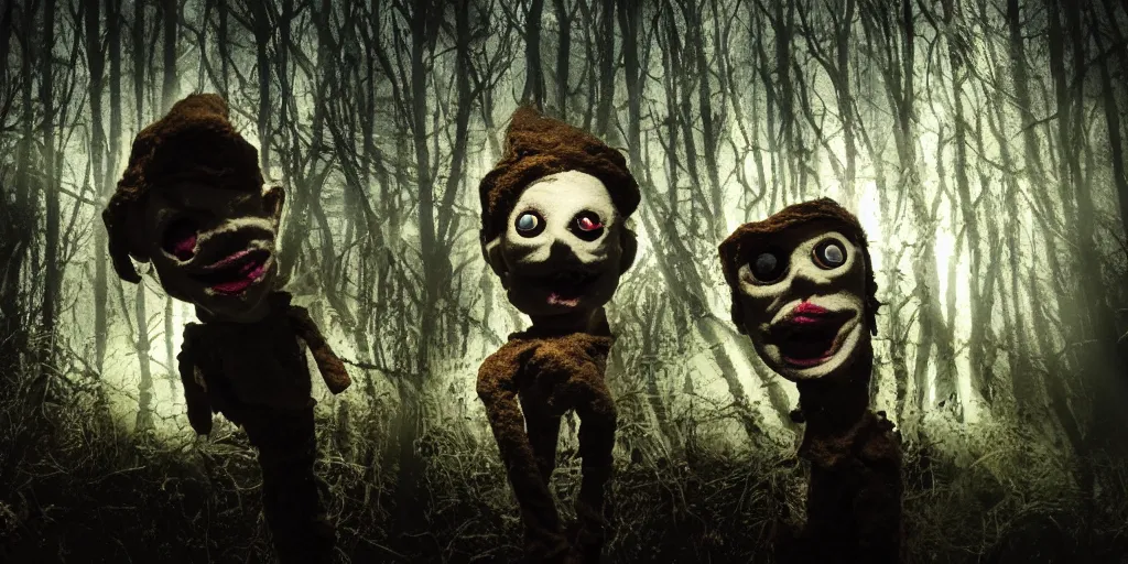 Prompt: amateur home video of creepy puppets in a dimly lit dark forest at night with, photorealistic amateur photography