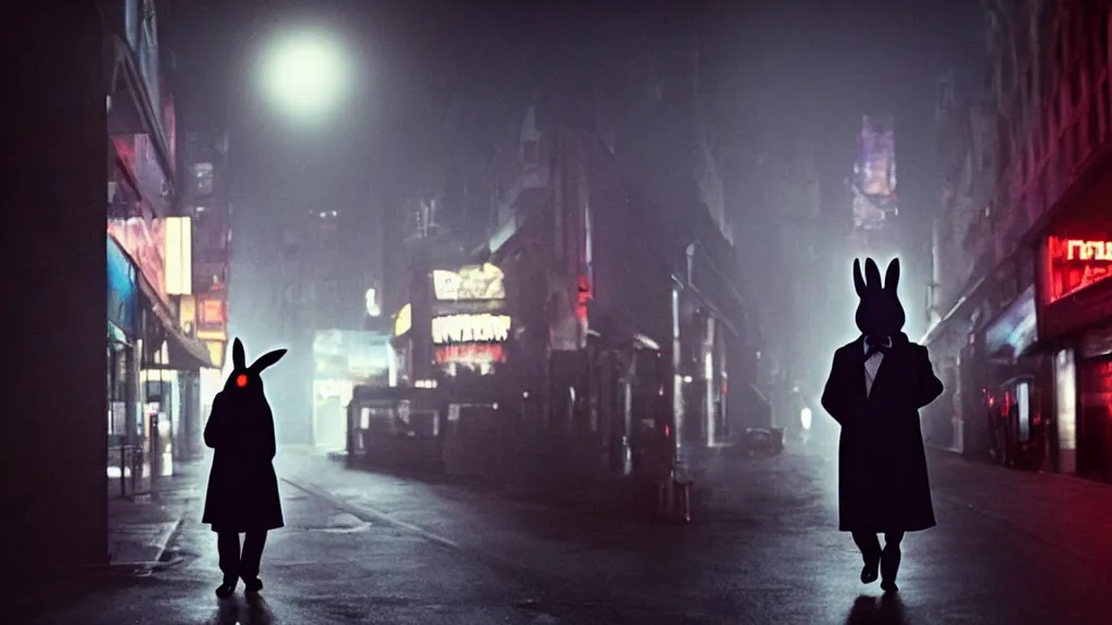 Prompt: a man in a trench coat wearing a black rabbit mask in front of a night club, film still from the movie directed by Denis Villeneuve with art direction by Salvador Dalí, wide lens