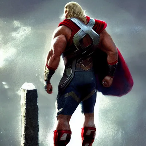 Prompt: dwayne johnson as thor by marvel, by greg rutkowski, digital art, octane render, artstation, grunge aesthetic