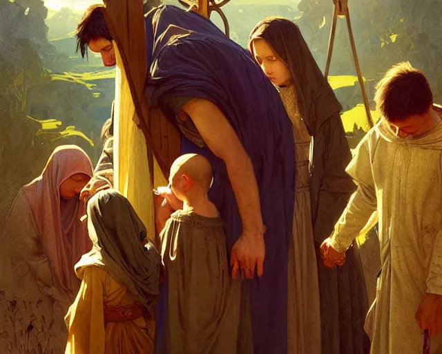 Image similar to poor hungry family praying to a cross, emotional sad painting, very poor, medieval peasants, fantasy, cruel, dramatic lighting, intricate, wild, highly detailed, digital painting, artstation, concept art, smooth, sharp focus, illustration, art by artgerm and greg rutkowski and alphonse mucha