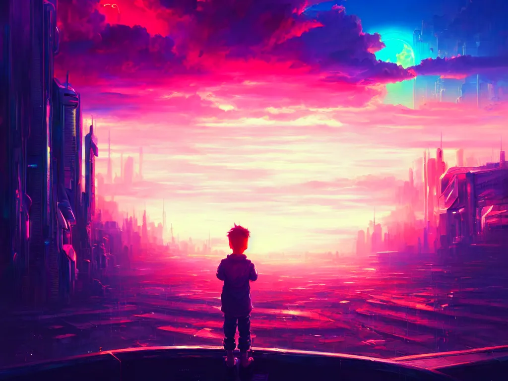 Image similar to a painting of a boy in a crystal box watching a colorful sunrise futuristic city surrounded by clouds, cyberpunk art by yoshitaka amano and alena aenami, cg society contest winner, retrofuturism, matte painting, apocalypse landscape, cityscape