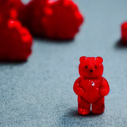 Image similar to a super cute red gummibear is exploding, extreme amount of particles, view from the front, macro lens, on a white table, white background