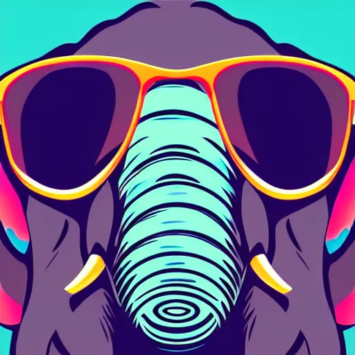 Image similar to a closeup of an elephant wearing shades, in retro colors, synthwave style, 2 d digital vector art