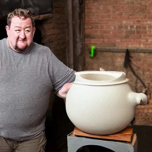 Prompt: johnny vegas making a very very big teapot out of wet clay, on a pottery wheel, art school, artist, studio, performance, photorealistic