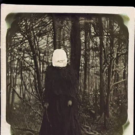 Image similar to scary witch in the woods 1910 Polaroid photo