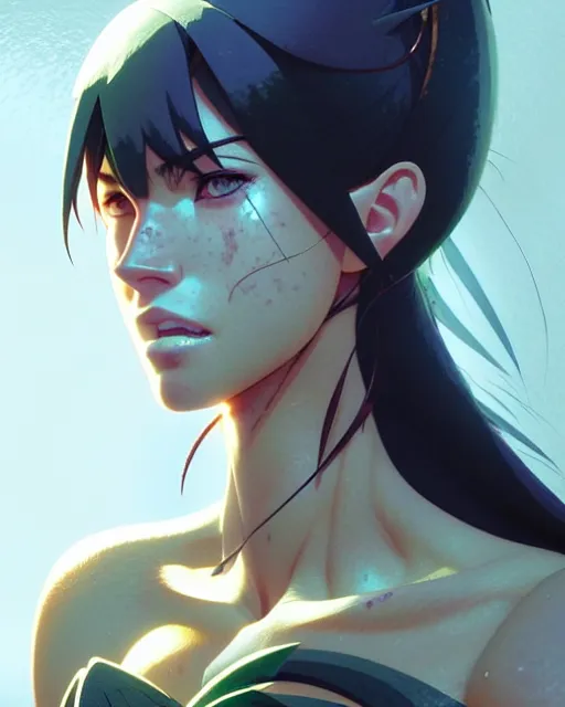 Image similar to azctec warrior, megan fox, detailed perfect face, exquisite details, fire magic, by studio muti, greg rutkowski makoto shinkai takashi takeuchi studio ghibli