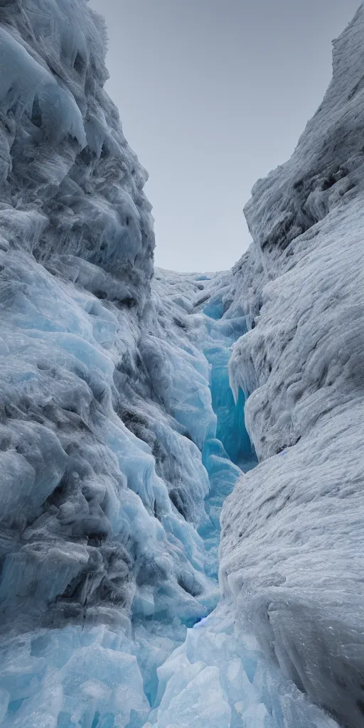 Image similar to a frozen canyon, covered in ice, in the style of reuben wu,