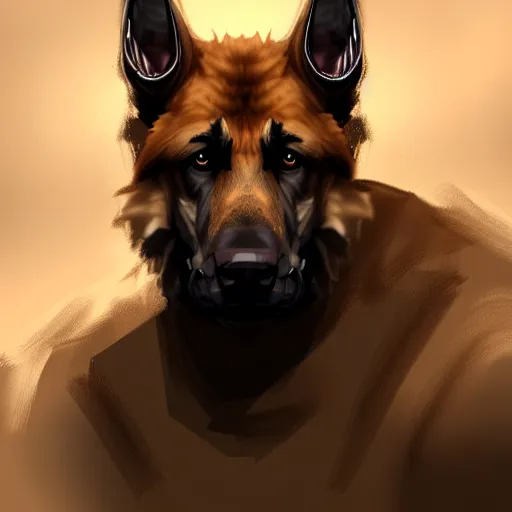 Image similar to a wounded humanoid german shepherd beast - man in military style, sitting on the bed, highly detailed portrait, digital painting, artstation, concept art, smooth, sharp foccus ilustration, artstation