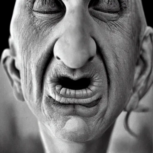 Image similar to color photo of weirdo, shaved eyebrows, thin lips, jimmy durante nose, pale skin, suffering from neurofibromatosis, realistic, high detail, high quality, jerry uelsmann, trending on pinterest