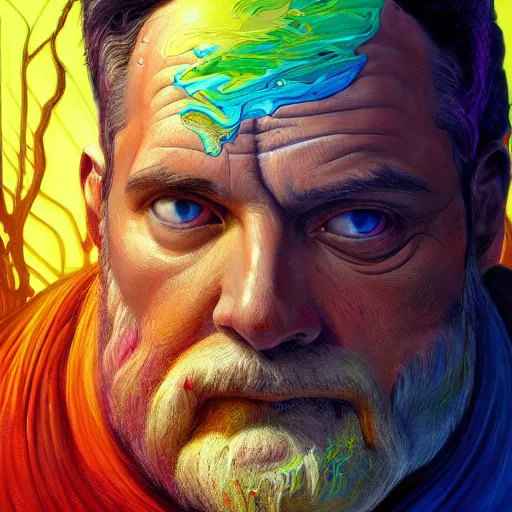 Image similar to melted zeus starring into the camera, fixed eyes, lightning, colorful, surreal, dramatic lighting, face, detailed, intricate, elegant, highly detailed, digital painting, artstation, chalk, concept art, smooth, sharp focus, illustration, art by sam spratt, dan mumford, artem demura and alphonse mucha