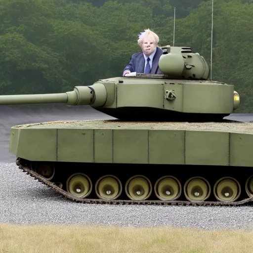 Image similar to A long shot of Boris Johnson in a tank, 4k, ultra HD