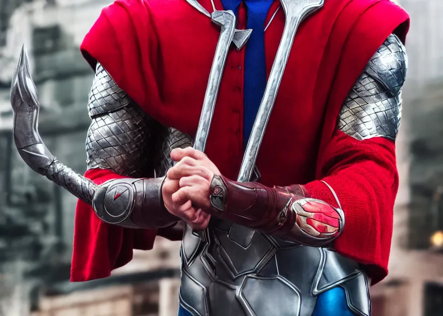 Image similar to mr rogers as thor in a marvel movie, close - up, cinematic, 4 0 mm f / 2. 8, anamorphic