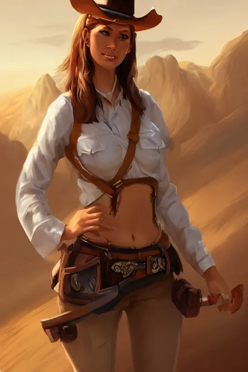 Image similar to full body, female cowgirl, perfect face, white blouse, long rifle, 8 k, magic the gathering, desert, d & d, artstation