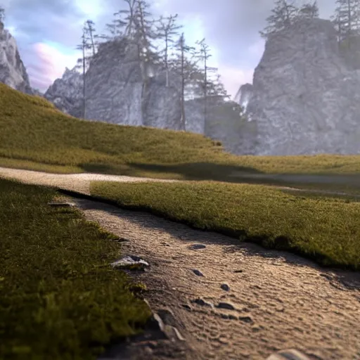 Image similar to path between mountains unreal engine render