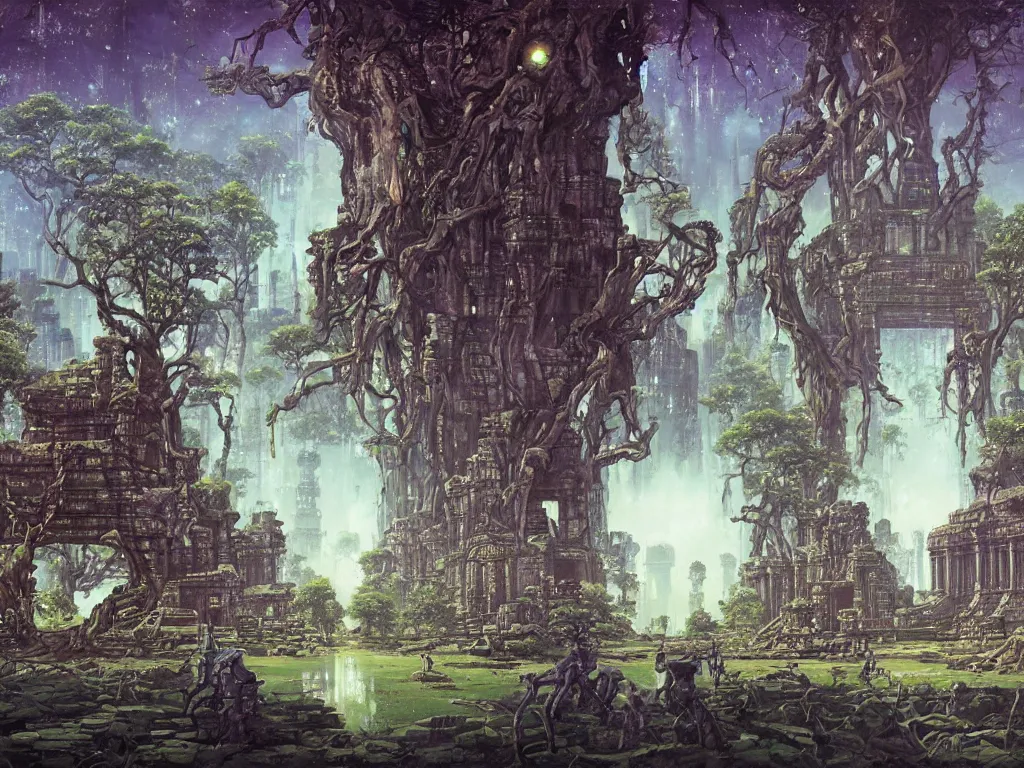 Image similar to a distant cyberpunk angkor wat, sky, portals, sparkling, reflecting pool, robots, ancient trees by paul lehr, jesper ejsing