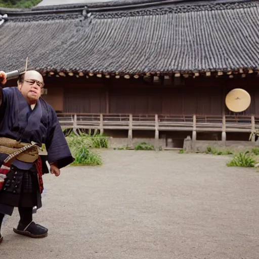 Image similar to cinematic shot of Danny Devito wearing samurai armor and holding a katana in a japanese village, 8k, highly intricate, highly detailed, depth of field, epic,