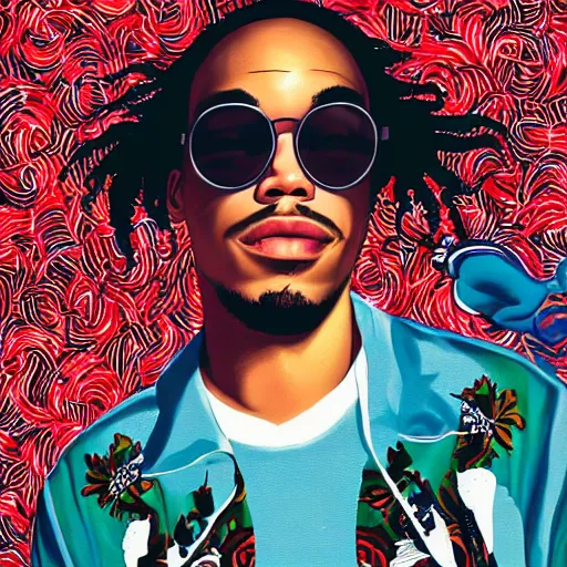 Prompt: portrait of Anderson .Paak wearing round sunglasses by Kehinde Wiley