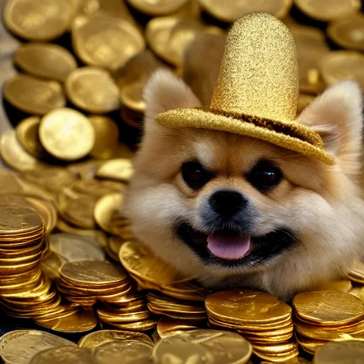 Prompt: A gold pomeranian wearing a top-hat and monocle, sitting on a pile of gold coins