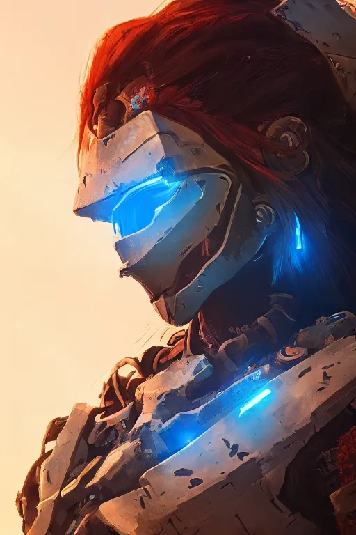 Image similar to combination suit armor aloy horizon forbidden west horizon zero dawn radiating a glowing aura global illumination ray tracing hdr fanart arstation by ian pesty and alena aenami artworks in 4 k tribal robot ninja mask helmet backpack