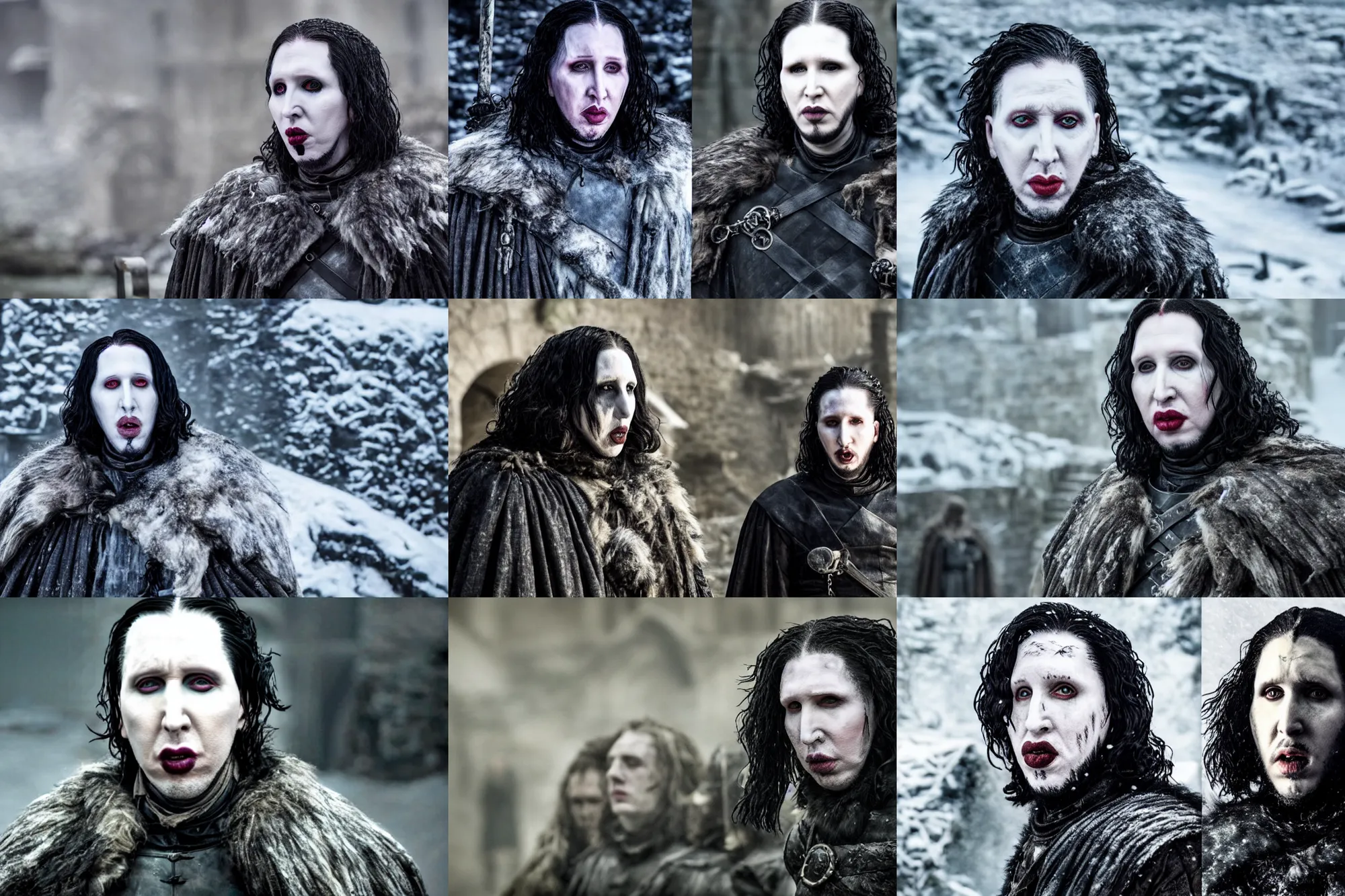 Prompt: marilyn manson as jon snow, still image from game of thrones, hd footage, upscaled to 4 k