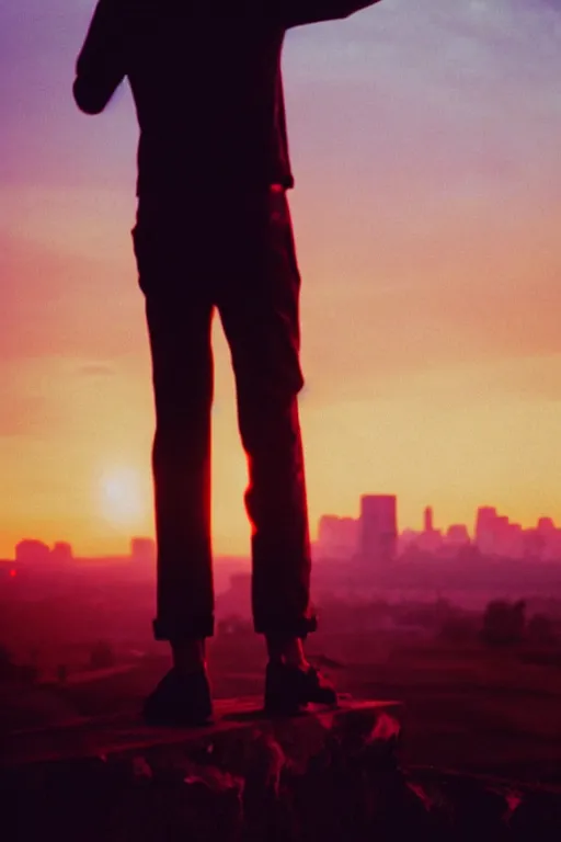 Image similar to agfa vista 4 0 0 photograph of a guy standing on top of a hill watching a city burn in the distance, back view, synth vibe, vaporwave colors, lens flare, moody lighting, moody vibe, telephoto, 9 0 s vibe, blurry background, grain, tranquil, calm, faded!,