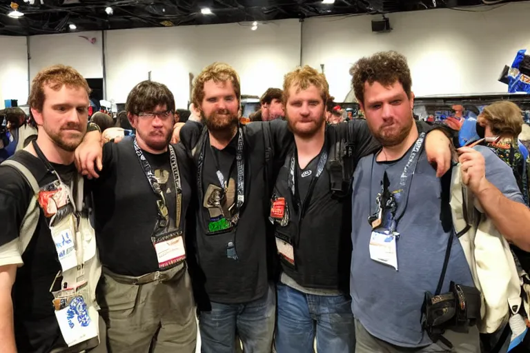 Image similar to a group of multiple ethan van scivers posing for a picture at a comic con convention