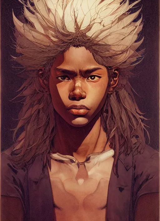 Image similar to prompt : portrait soft light painted by james jean and katsuhiro otomo and erik jones, inspired by akira anime, epic fantasy, a young long haired peasant boy with dark skin, brown skin, a dark complexation in plain fantasy clothing with intelligent eyes, intricate oil painting, high detail illustration, sharp high detail