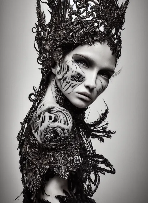Prompt: a portrait of female model by stefan geselle and nekro borja, photorealistic, intricate details, hyper realistic, dark fantasy, ornate headpiece, dark beauty, photorealistic, canon r 3, photography, wide shot, photography, dark beauty, symmetrical features, wide angle shot, whole body, full body shot, body, feet