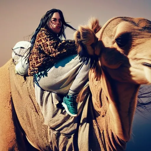 Prompt: close up shot of billie eilish riding a camel