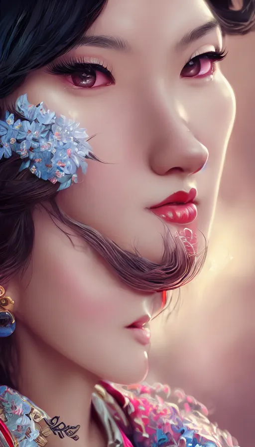 Prompt: a pin up and beautiful fashion and charming and dreamlke asian girl, lv jewelry, art by artgerm & jeehyung lee & wlop, hyperdetailed, 8 k realistic, symmetrical, frostbite 3 engine, cryengine, dof, trending on artstation, digital art