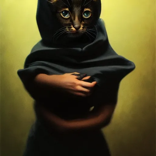 Image similar to a portrait of a kitten wearing a black hood, cloak covering face, anatomically correct, beautiful perfect face, enigmatic, oil painting, matte, black background, Volumetric dynamic lighting, Highly Detailed, Cinematic Lighting, Unreal Engine, 8k, HD, by Beksinski