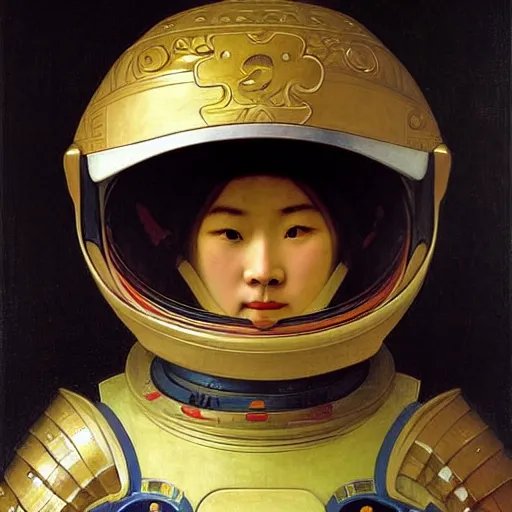 Image similar to portrait of a astronaut is a chinese dragon in armor and helmet, majestic, solemn, by bouguereau