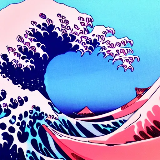 Prompt: Hokusai wave, but a paint pour in synthwave colors