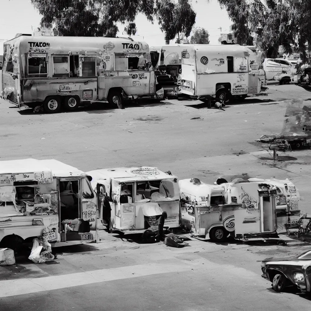 Prompt: photo of a taco truck in street view on reseda blvd in van nuys california, homeless encampment, 35mm film