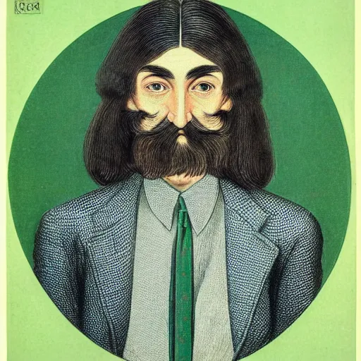 Prompt: young man, long hair!!!!, short facial hair, no mustache, dark green eyes, dark eyebrows, light widows peak light facial hair, in the style of mauritz cornelis escher, in - frame