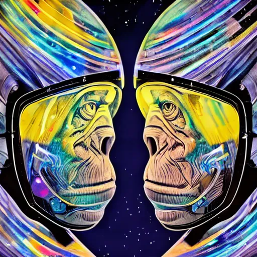 Image similar to double exposure portrait of astronaut and a chimpanzee astronaut with space and time in the the background by davinci, circles, psychedelic, pencil art, high definition, dynamic lighting stars, sharpness, golden ratio