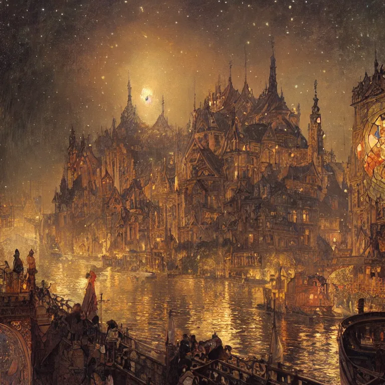 Image similar to a beautiful painting of the view from the river of the lantern festival in ancient london, at night with a sky full of stars, intricate, elegant, highly detailed, digital painting, artstation, concept art, by krenz cushart and artem demura and alphonse mucha