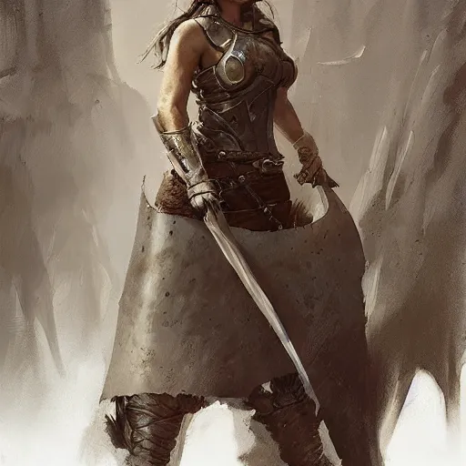 Prompt: a rustic woman wearing medieval armor, by greg rutkowski, mandy jurgens