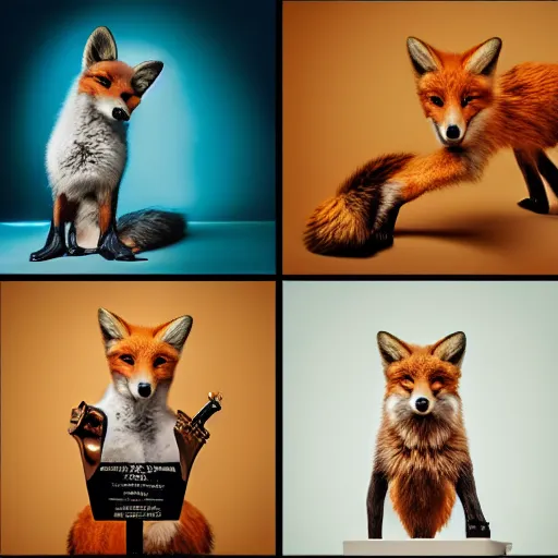 Image similar to photorealistic music album cover, with foxes animals wearing clothes, all looking at camera, studio lighting, award winning photograph, 8 5 mm f / 1. 4