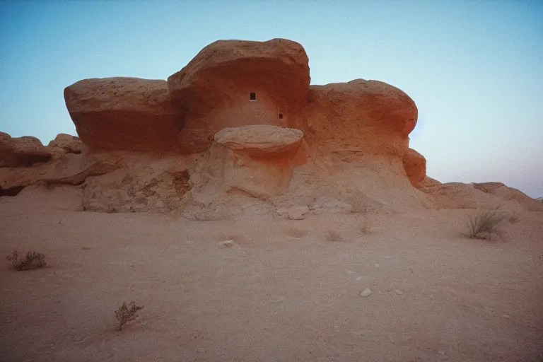 Image similar to film still of non-euclidian architecture in the desert, cinestill 800t 35mm full-HD